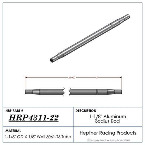 Hephner Racing Products HRP-4311-22 Polished Aluminium Radius / Swedge Rod 22" L X 1-1/8" O.D X 5/8"