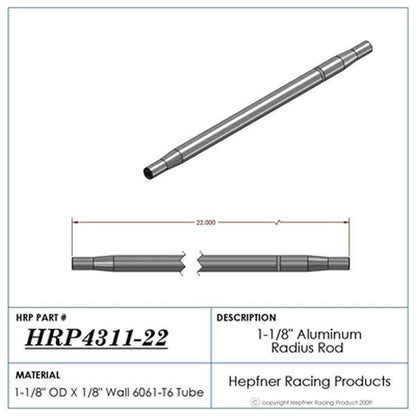 Hephner Racing Products HRP-4311-22 Polished Aluminium Radius / Swedge Rod 22" L X 1-1/8" O.D X 5/8"