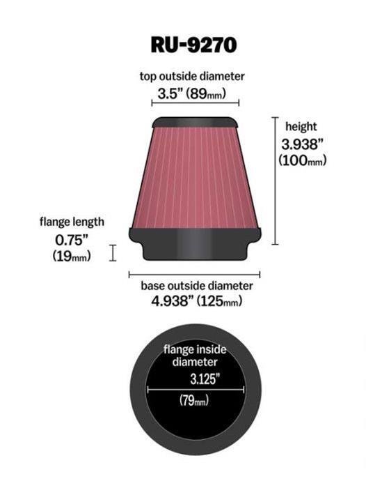 K&N Filters KNRU-9350 Universal Performance Air Filters Universal Clamp-On Air Filter 3-1/8"Flg 4-15/16"B 3-1/2"T 3-15/16"H