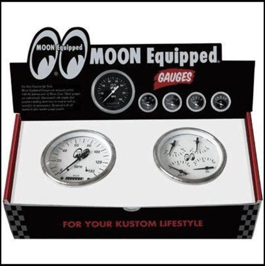 Mooneyes MNMPG3340WH White Quad Gauge Set 3-3/8" Speedo & 3-3/8" Quad Gauge