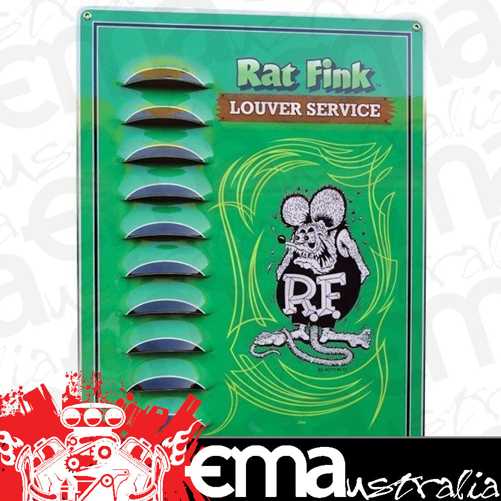 Mooneyes MNRAF383GR Green Tin Sign Louver Service w/ Rat Fink Logo 11.5" x 16"