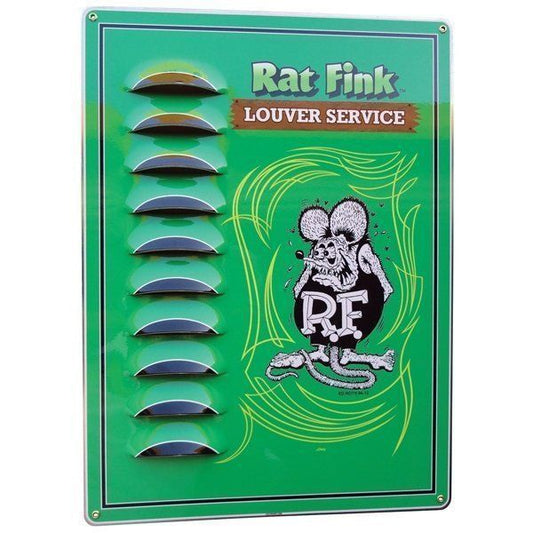 Mooneyes MNRAF383GR Green Tin Sign Louver Service w/ Rat Fink Logo 11.5" x 16"