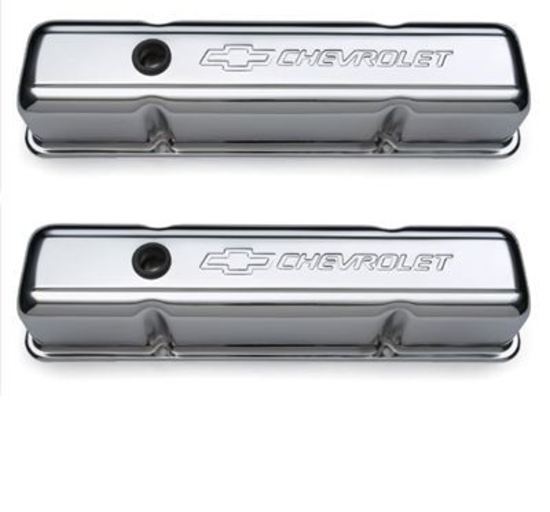 Proform PR141-101 'Chevrolet & Bowtie Emblem' Valve Covers. Tall No Baffle. Chevrolet S/B V8 1958-86 Chrome