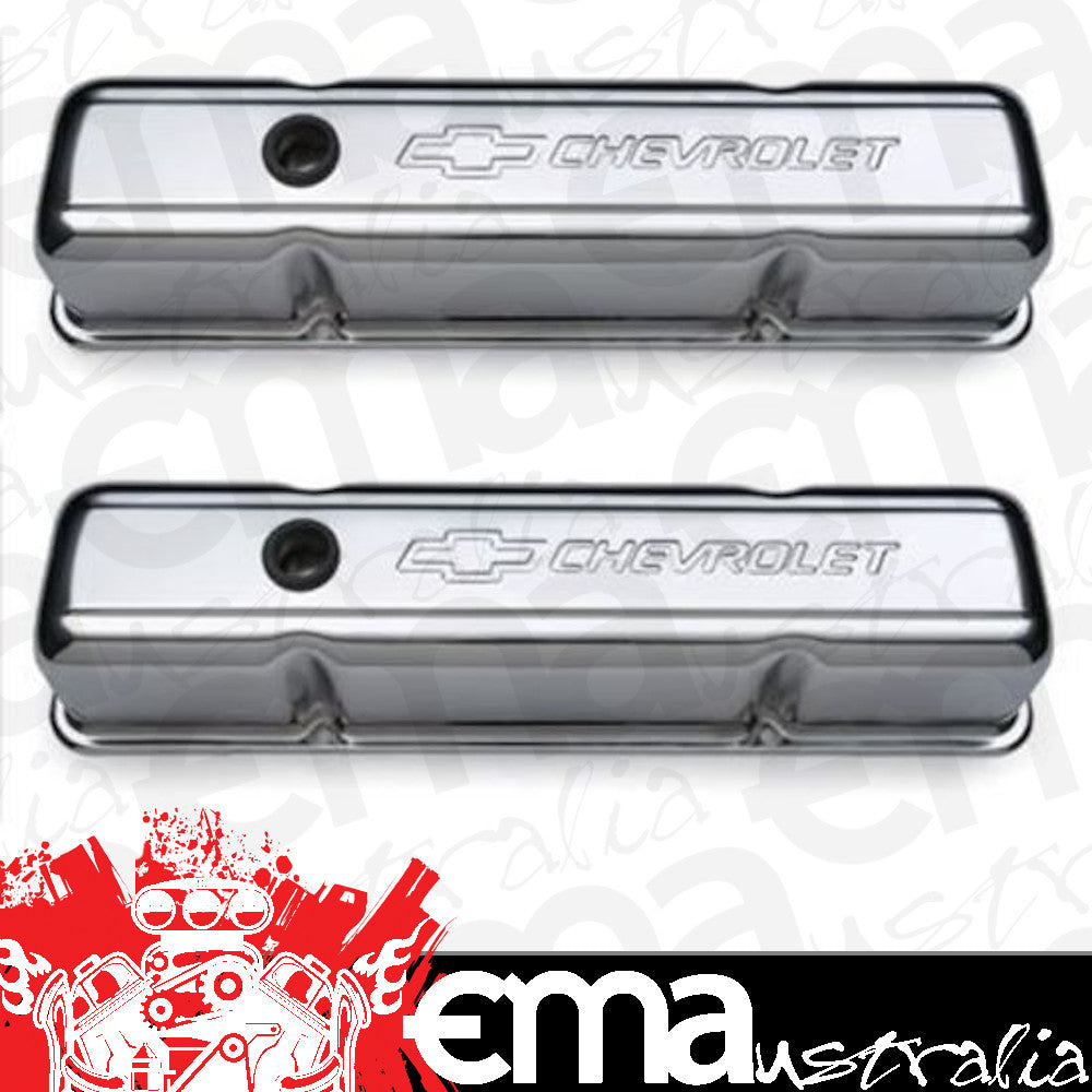 Proform PR141-101 'Chevrolet & Bowtie Emblem' Valve Covers. Tall No Baffle. Chevrolet S/B V8 1958-86 Chrome