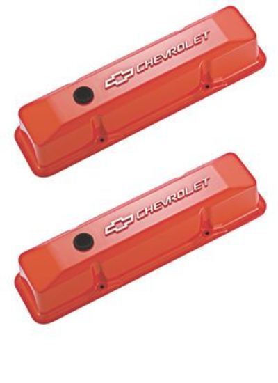 Proform PR141-120 'Chevrolet & Bowtie Emblem' Die-Cast Valve Covers Chevrolet S/B V8 1958-86 Raised Emblem Orange