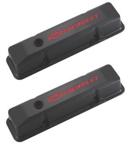 Proform PR141-121 'Chevrolet & Bowtie Emblem' Die-Cast Valve Covers Chevrolet S/B V8 1958-86 Recessed Red Emblem Carbon-Style