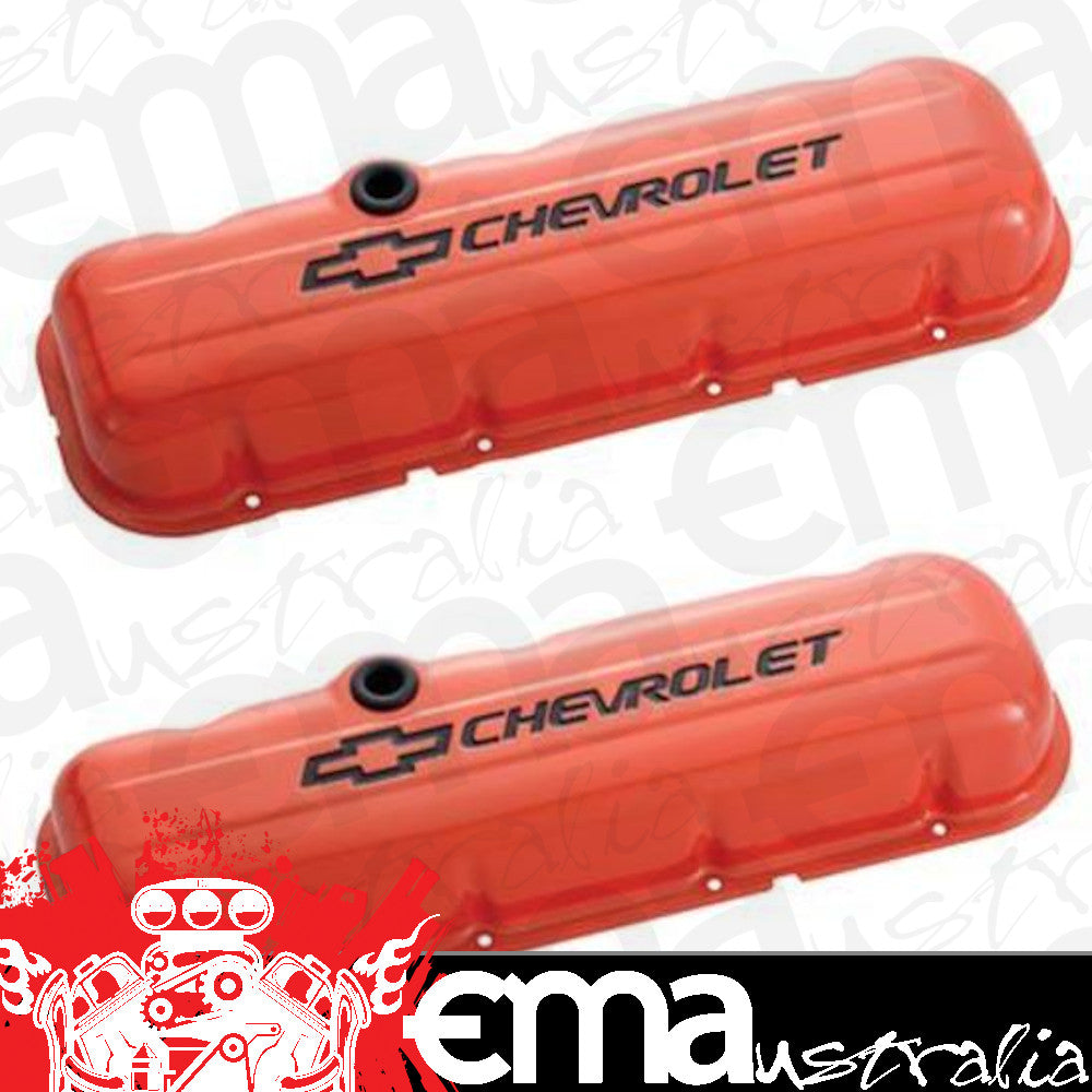 Proform PR141-787 'Chevrolet And Bowtie Emblem' B/B Stamped Valve Covers Tall Orange.