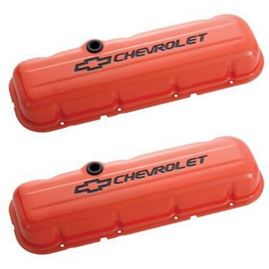 Proform PR141-787 'Chevrolet And Bowtie Emblem' B/B Stamped Valve Covers Tall Orange.