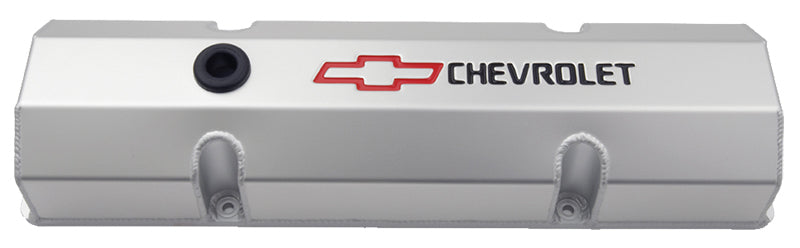 Proform PR141-801 Fabricated Aluminium Valve Covers w/ Holes Clear Anodized suit SB Chev w/ Chevrolet Logo & Bowtie Emblem