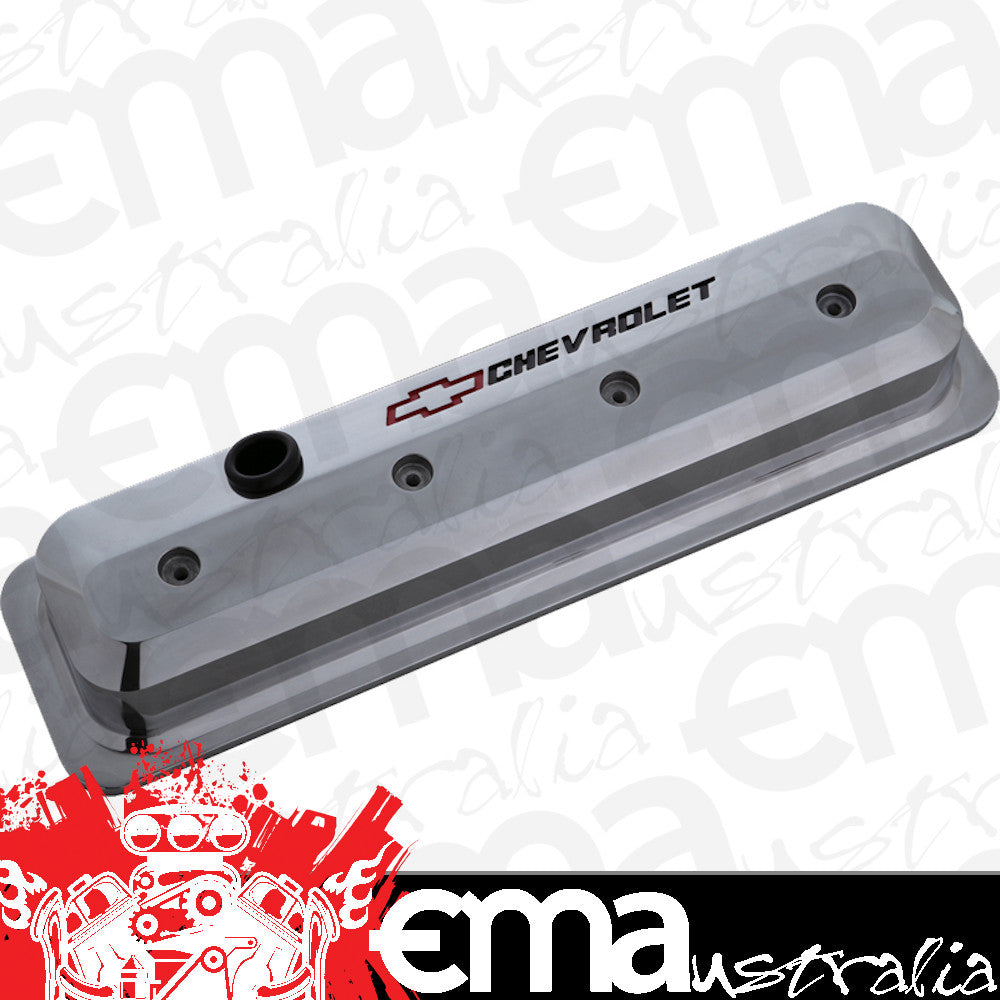 Proform PR141-843 Die-Cast Aluminium Slant Edge Valve Covers Polished suit SB Chev Vortec w/ Recessed Chevrolet Logo & Bowtie Emblem