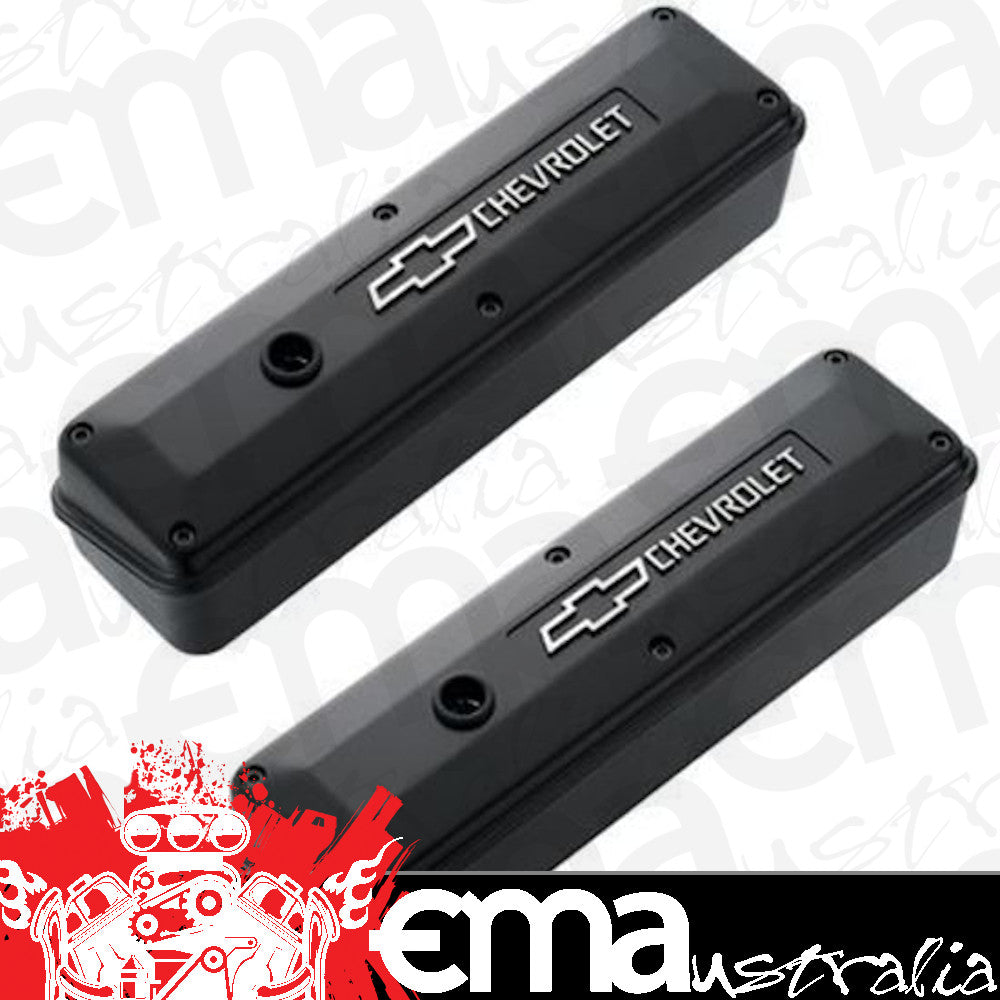 Proform PR141-914 'Chevrolet & Bowtie Emblem' S/B 2-Piece Valve Cover Set Raised Emblem Black Patented.
