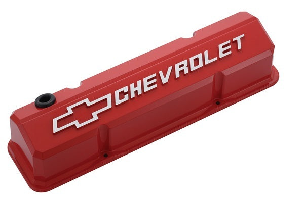 Proform PR141-931 Die-Cast Aluminium Slant Edge Valve Covers Red suit SB Chev w/ Raised Chevrolet Logo & Bowtie Emblem