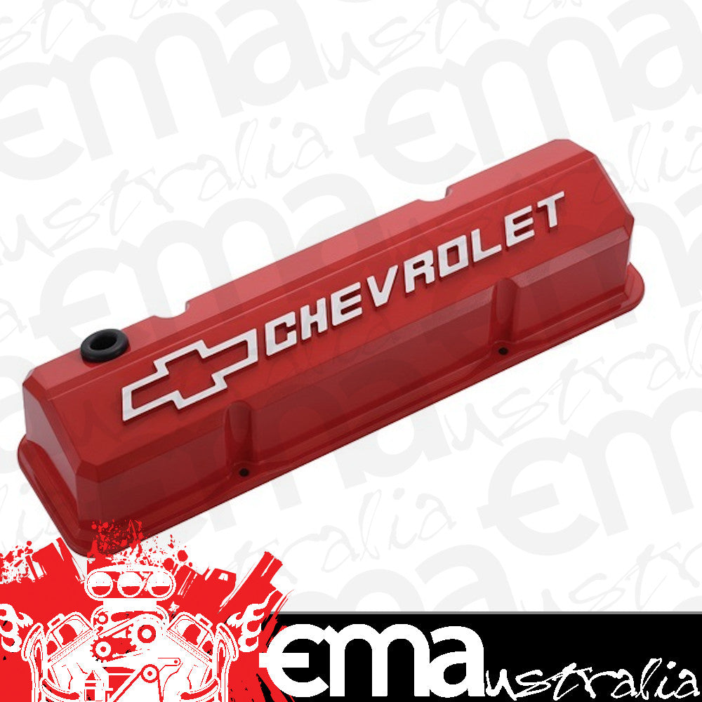 Proform PR141-931 Die-Cast Aluminium Slant Edge Valve Covers Red suit SB Chev w/ Raised Chevrolet Logo & Bowtie Emblem