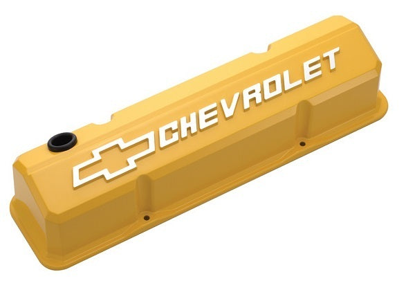 Proform PR141-934 Die-Cast Aluminium Slant Edge Valve Covers Yellow suit SB Chev w/ Raised Chevrolet Logo & Bowtie Emblem