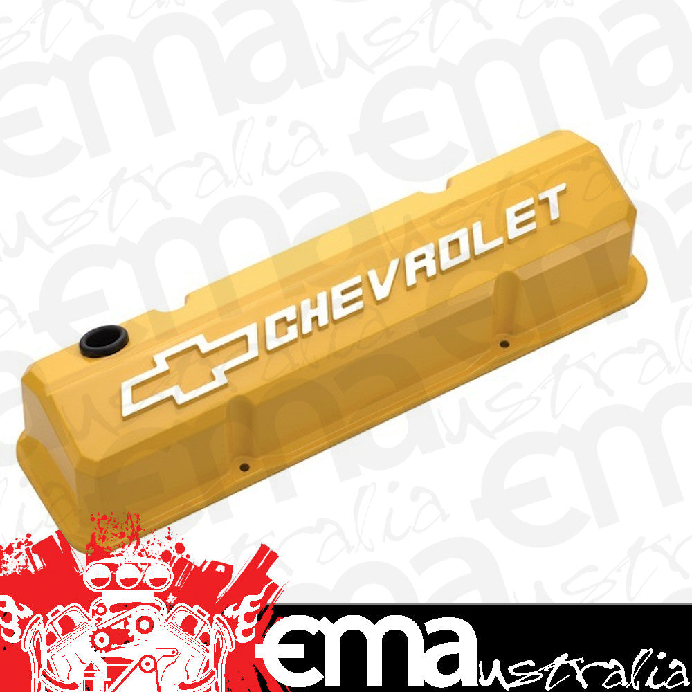 Proform PR141-934 Die-Cast Aluminium Slant Edge Valve Covers Yellow suit SB Chev w/ Raised Chevrolet Logo & Bowtie Emblem