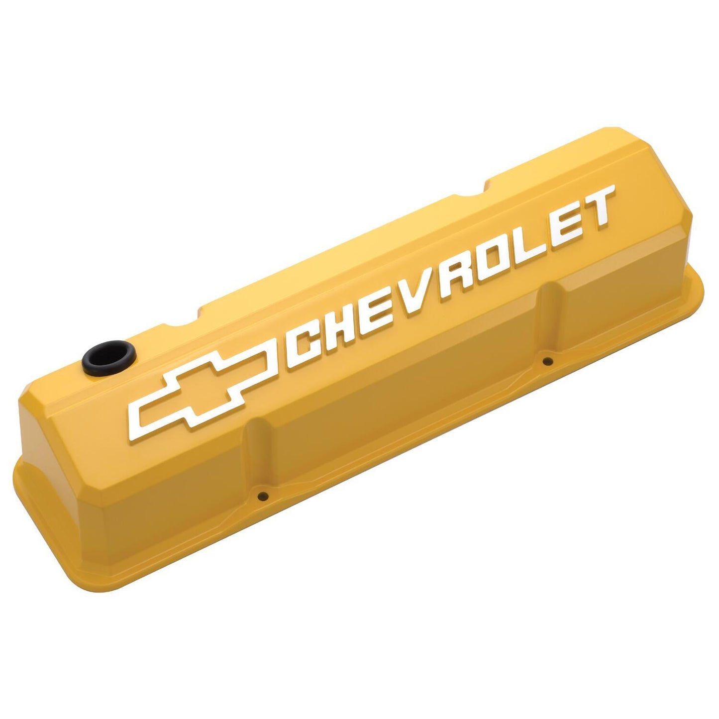 Proform PR141-934 Die-Cast Aluminium Slant Edge Valve Covers Yellow suit SB Chev w/ Raised Chevrolet Logo & Bowtie Emblem