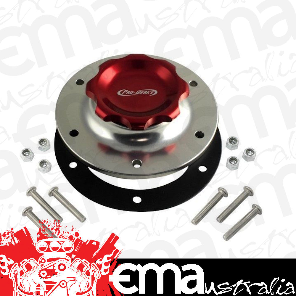 Pro Werks PWC73-706 2-3/4" Red Fill Cap w/ Silver Aluminum 6 Hole Fuel Cell Bu
