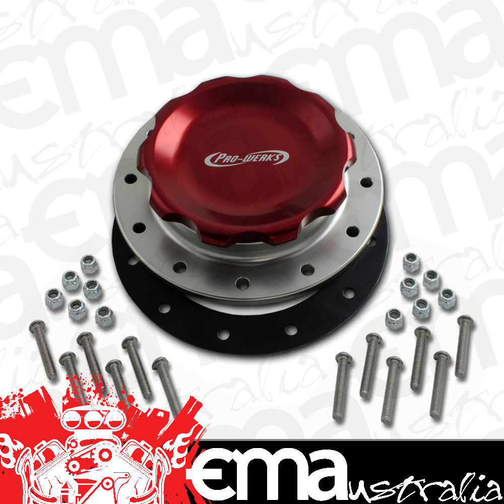 Pro-Werks PWC74-716 4-1/4 In. Red Fill Cap w/ Silver Aluminum 12 Hole Fuel Cell Bung