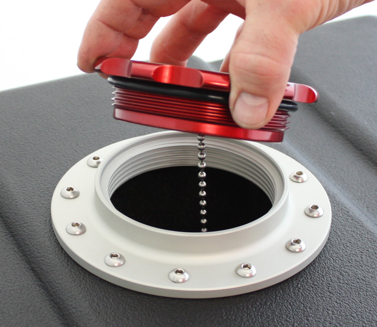 Pro-Werks PWC74-716 4-1/4 In. Red Fill Cap w/ Silver Aluminum 12 Hole Fuel Cell Bung