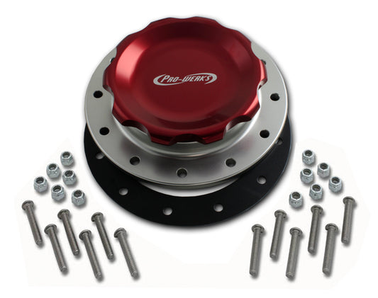 Pro-Werks PWC74-716 4-1/4 In. Red Fill Cap w/ Silver Aluminum 12 Hole Fuel Cell Bung