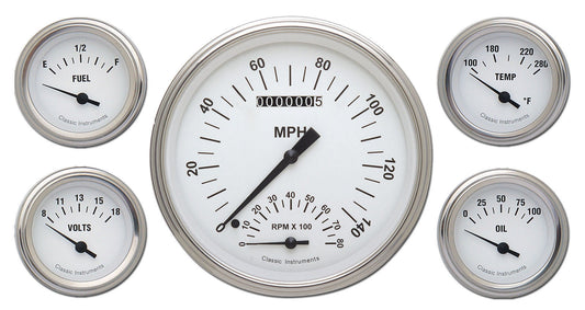 Classic Instruments WH65SLF White Hot - 5 Gauge Set 4-5/8" Speedtachular & 2-1/8" Fuel, Oil, Temp, Volts