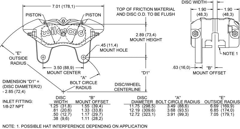 WILWOOD DYNAPRO NARROW MOUNT BRAKE CALIPER SUIT .38" X 13" ROTOR WB 120-9726