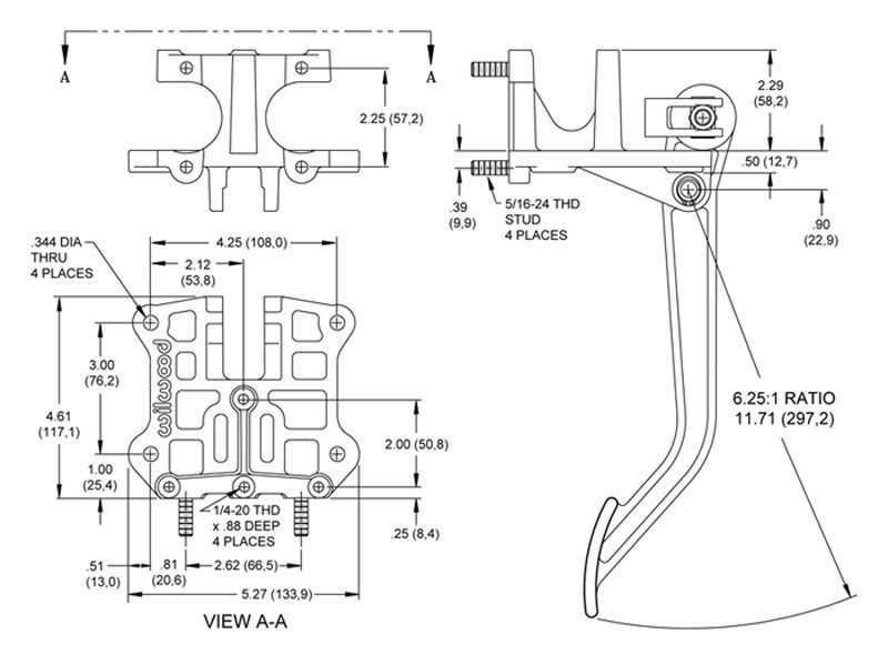 Wilwood 340-5181 Swing Mount Brake Pedal Assy 6.25:1 Ratio Dual Master Cylinder