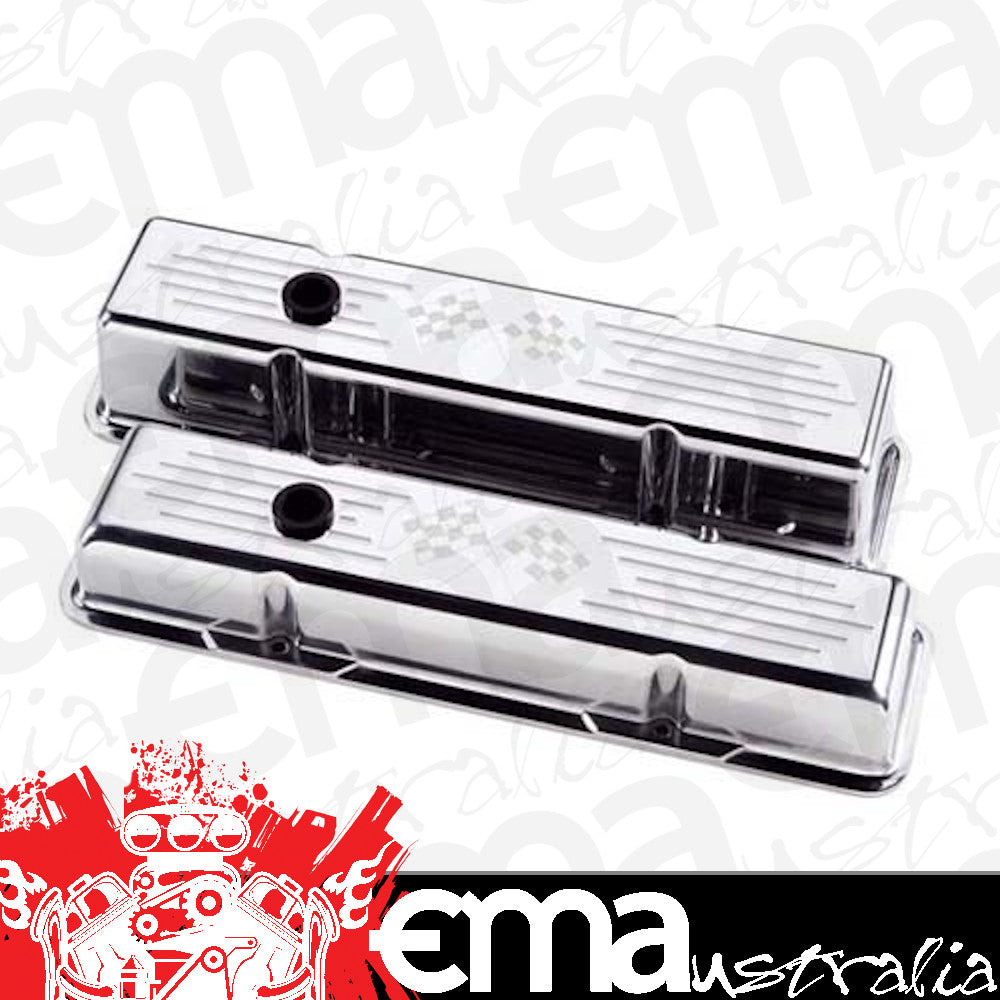 Billet Specialties BS95127 Aluminium Valve Covers With Cross Flag Logo - Polished suit SB Chev - Short