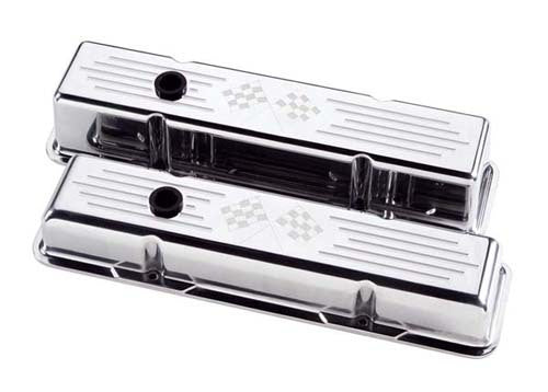 Billet Specialties BS95127 Aluminium Valve Covers With Cross Flag Logo - Polished suit SB Chev - Short