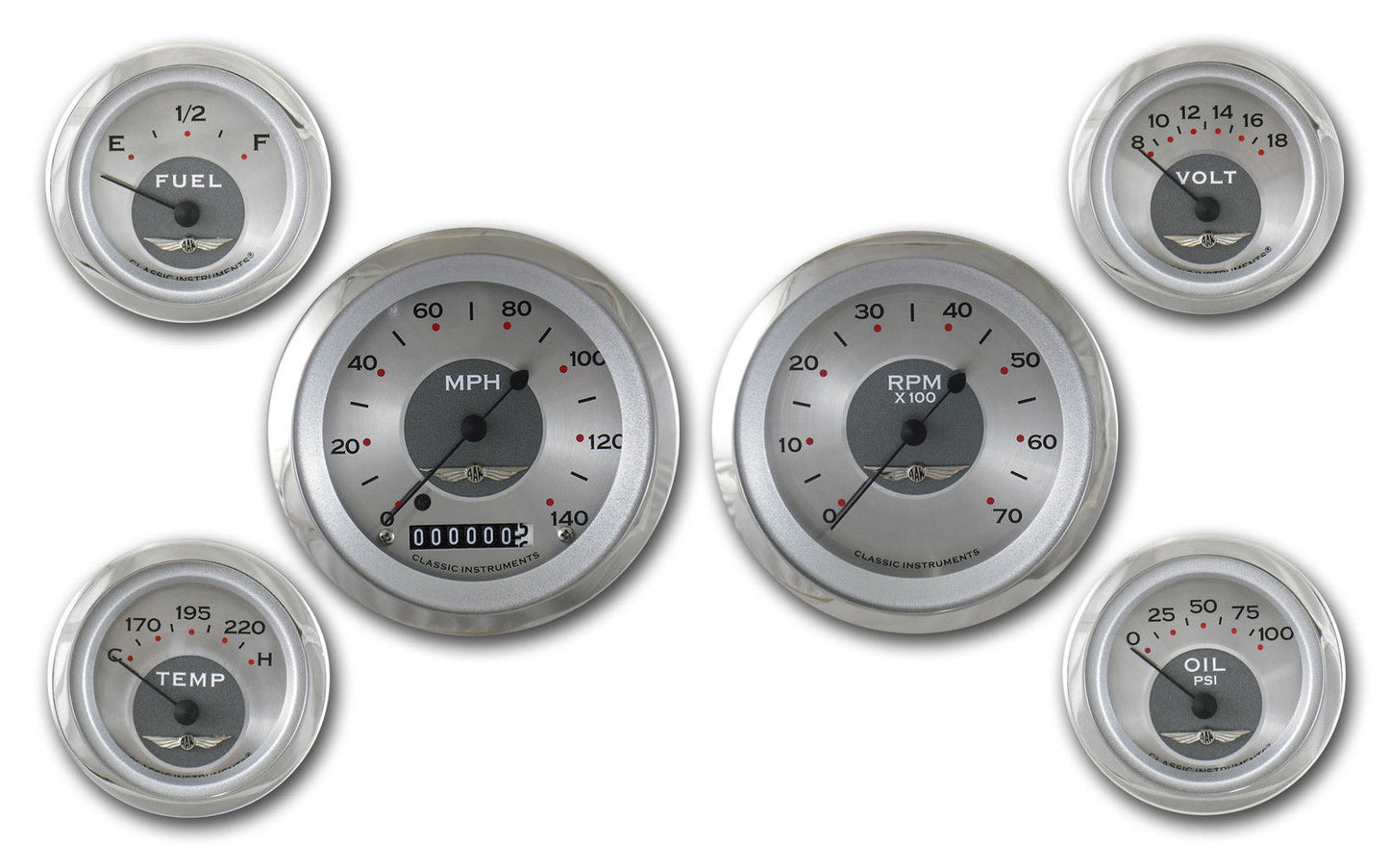 Classic Instruments AW01SRC All American - 6 Gauge Set 3-3/8" Speedo & Tacho, 2-1/18" Fuel, Oil, Temp, Volts