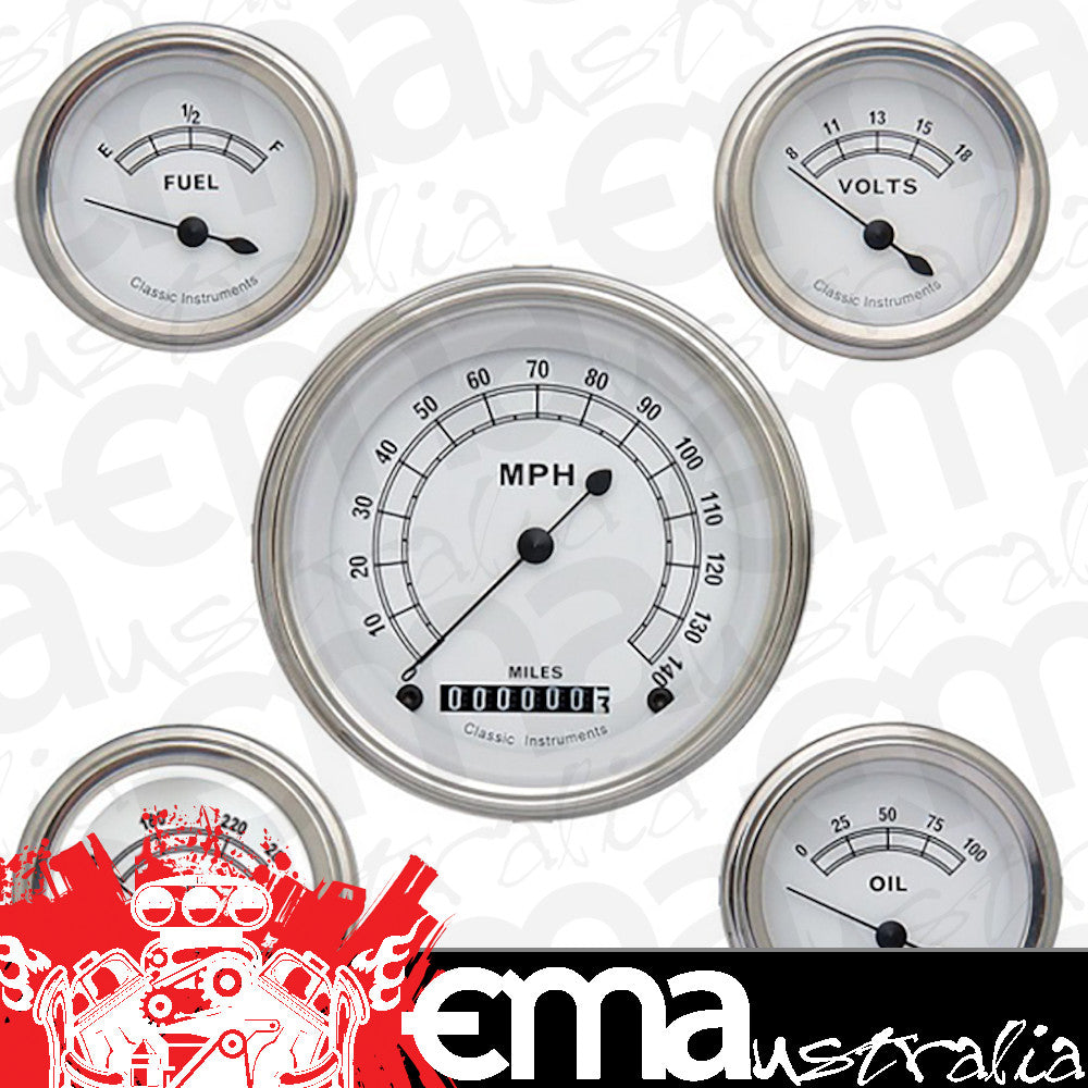 Classic White - 5 Gauge Set Kit - 5 Gauge Set 3-3/8" Speedo, 2-1/18" Fuel, Oil, Temp, Volts