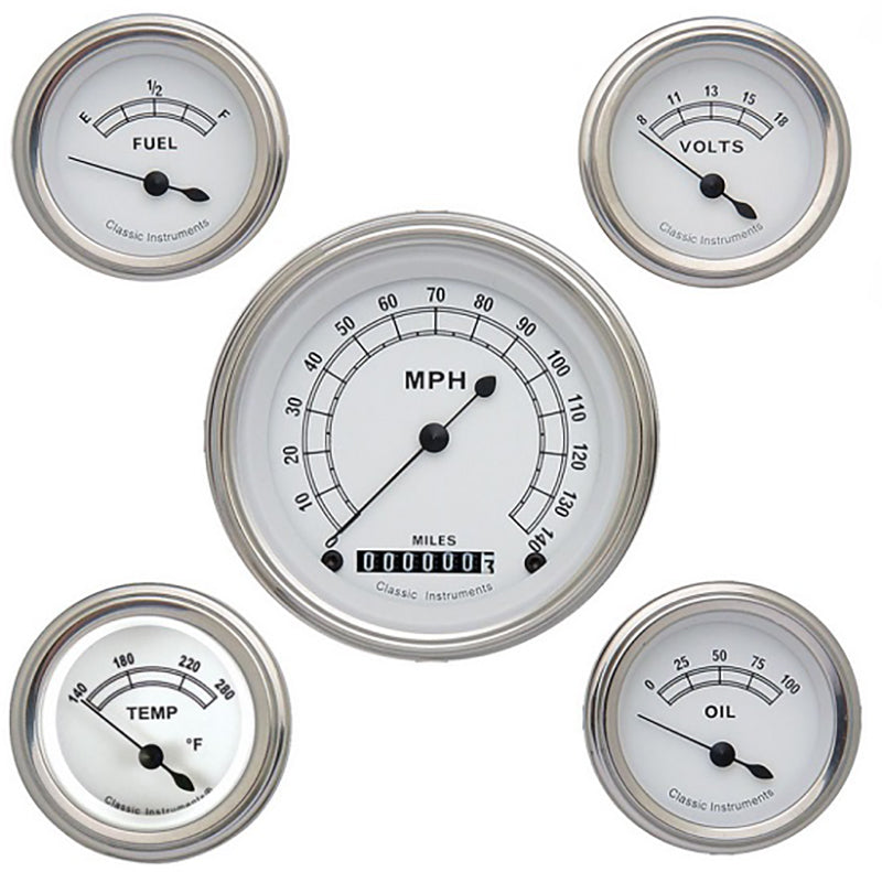 Classic White - 5 Gauge Set Kit - 5 Gauge Set 3-3/8" Speedo, 2-1/18" Fuel, Oil, Temp, Volts