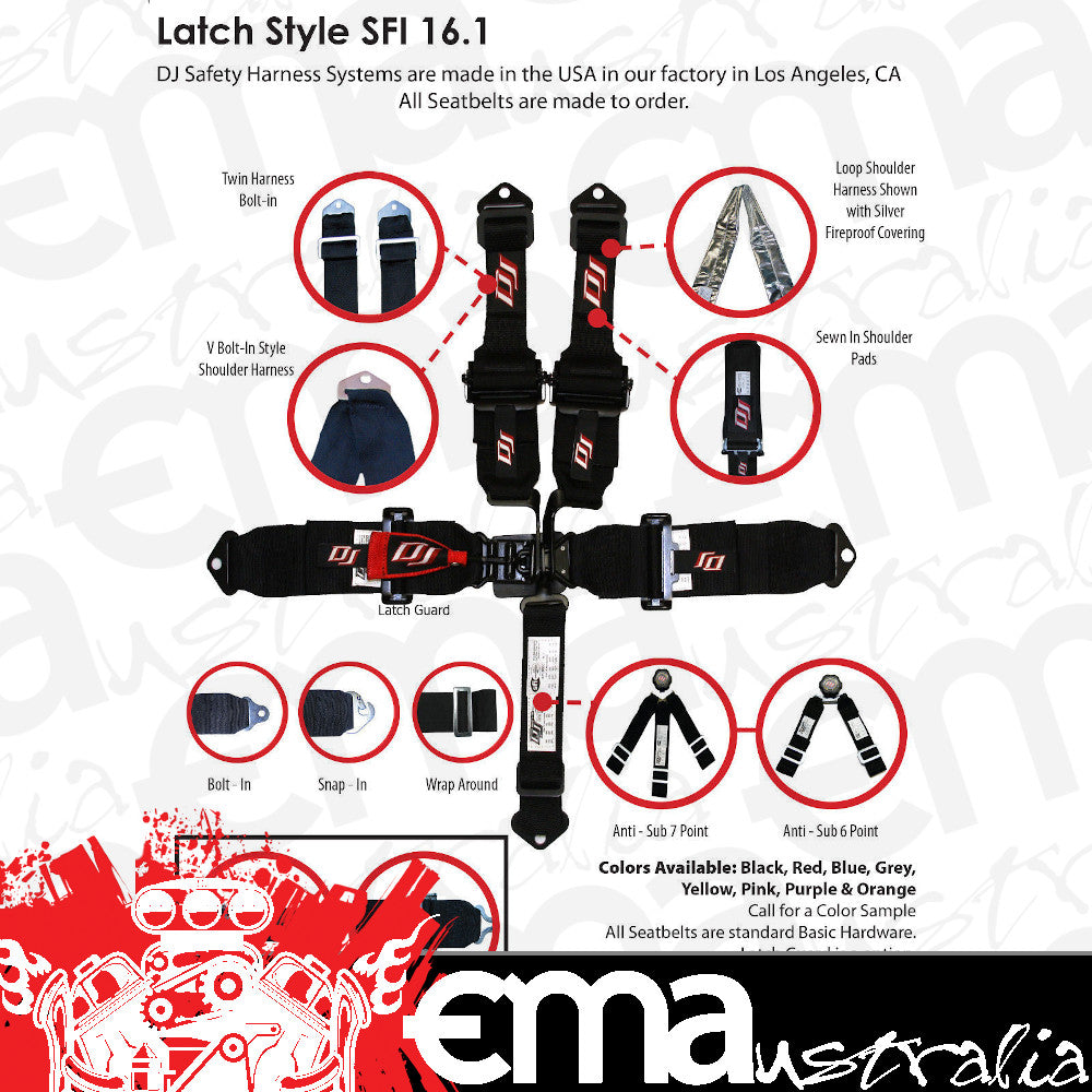 DJ Safety DJ332710LGR 5 Point 3" Latch Style Harness Red Snap-In SFI 16.1