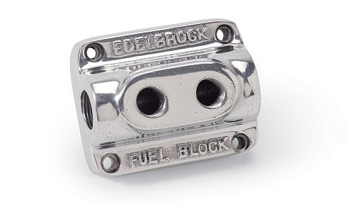 Edelbrock ED12801 Polished Fuel Distribution Block Dual Outlet Fuel Block, 3/8" Inlet, 1/4" Outlet ED12801