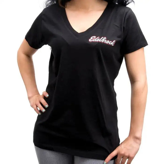 Edelbrock ED98066 Womens Edelbrock script V-Neck Black Shirt (L)